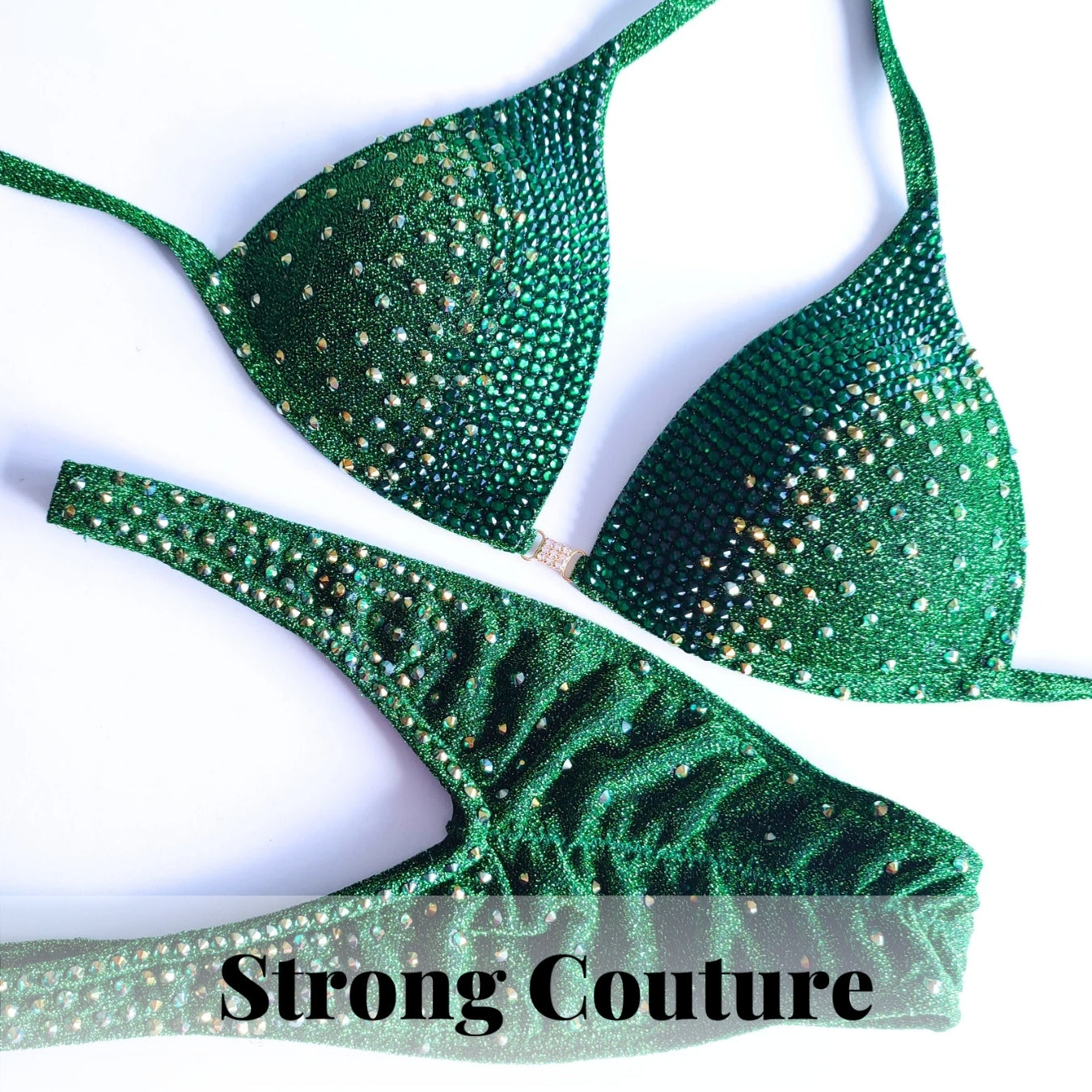 Bikini IFBB, estilo Artemis en tonos verde esmeralda y cobre.