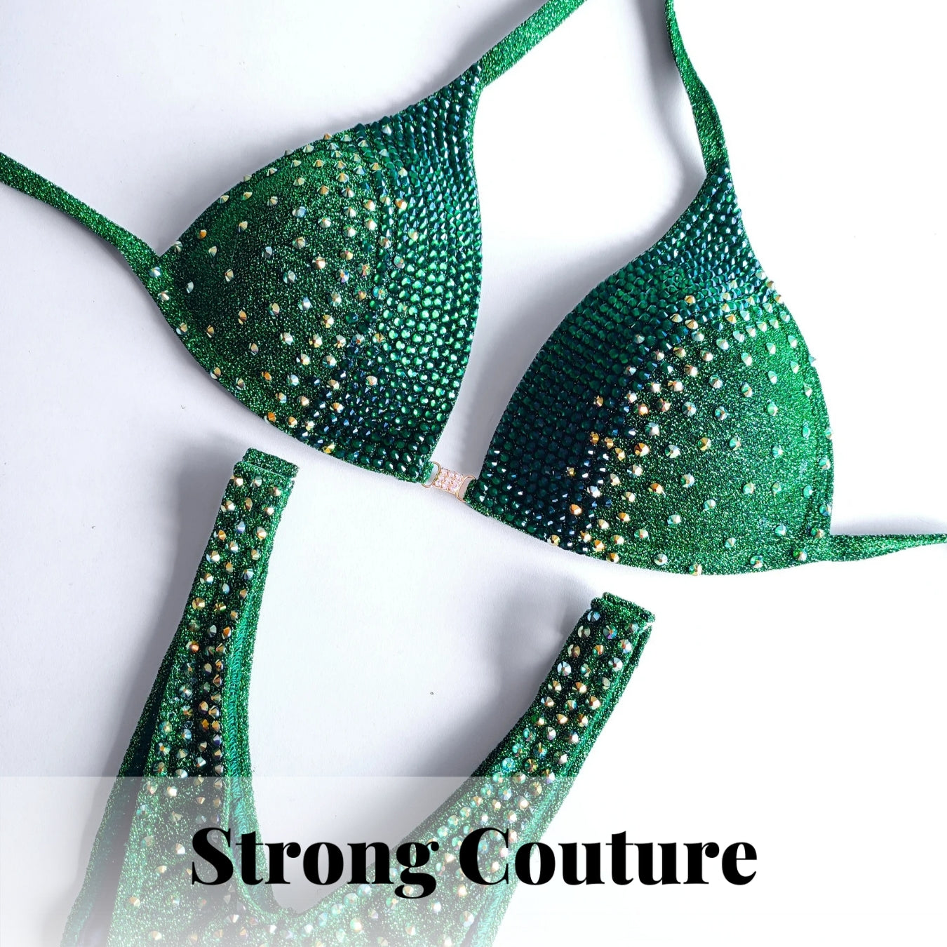 Bikini IFBB, estilo Artemis en tonos verde esmeralda y cobre.